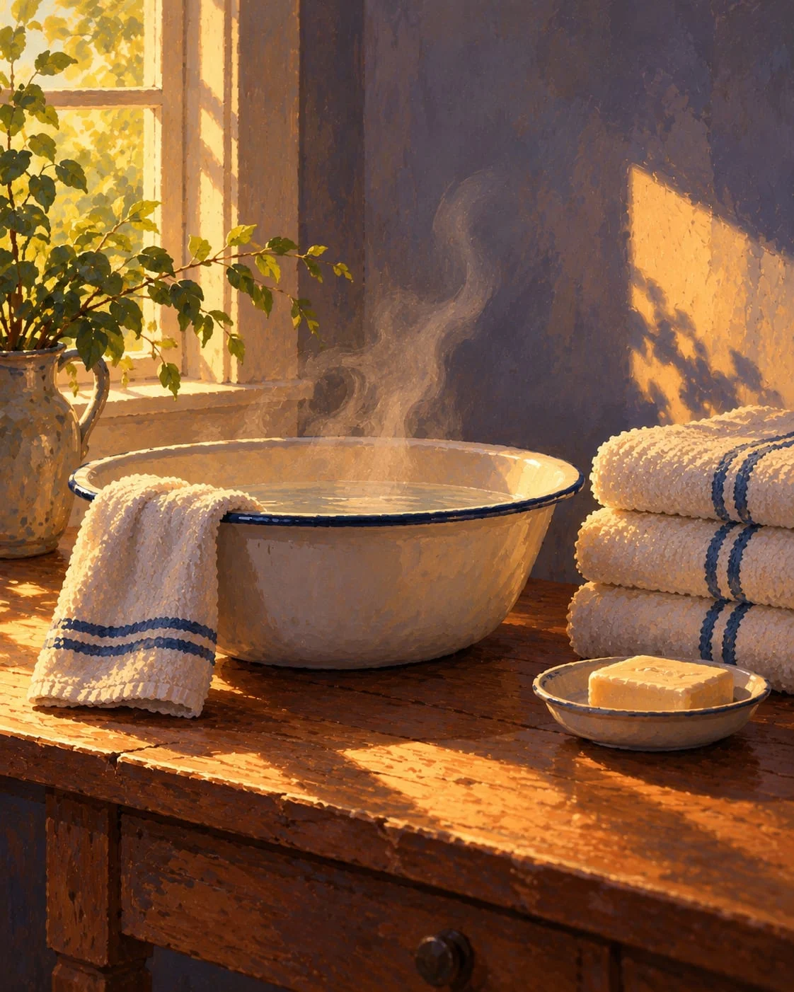 Illustration: a basin of warm water, folded towels and soap set out on a table by a sunny window.