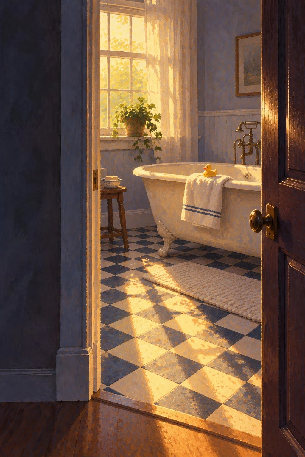 Illustration: a quiet bathroom at morning, a folded towel and a small rubber duck on the tub.
