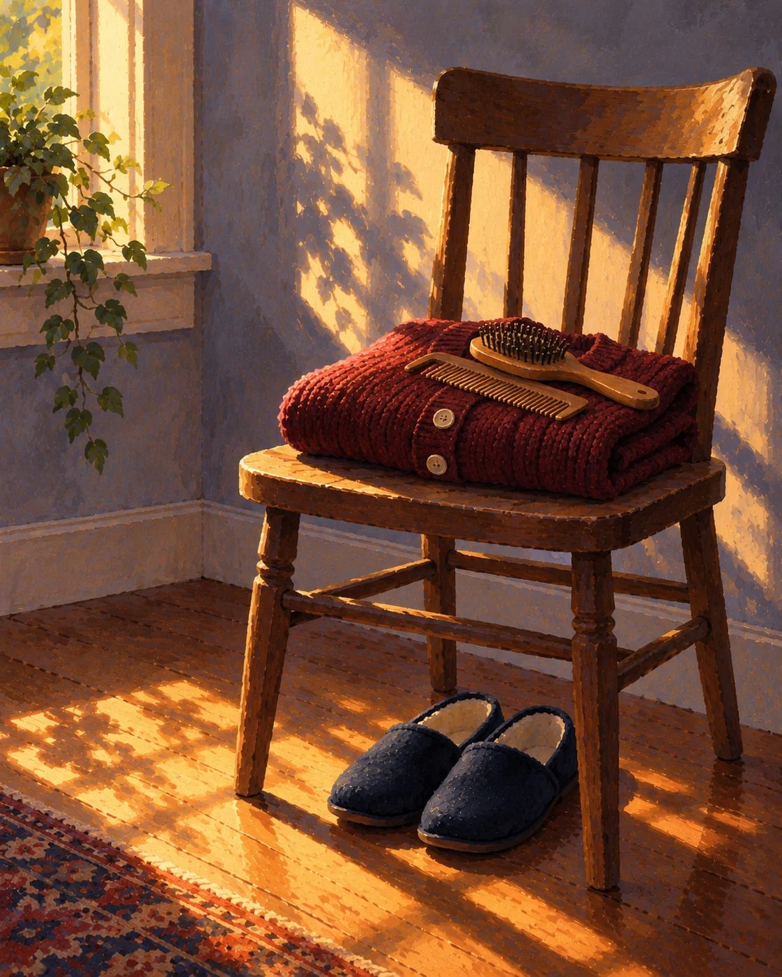 Illustration: a folded cardigan, hairbrush and comb on a chair, with slippers set neatly below.