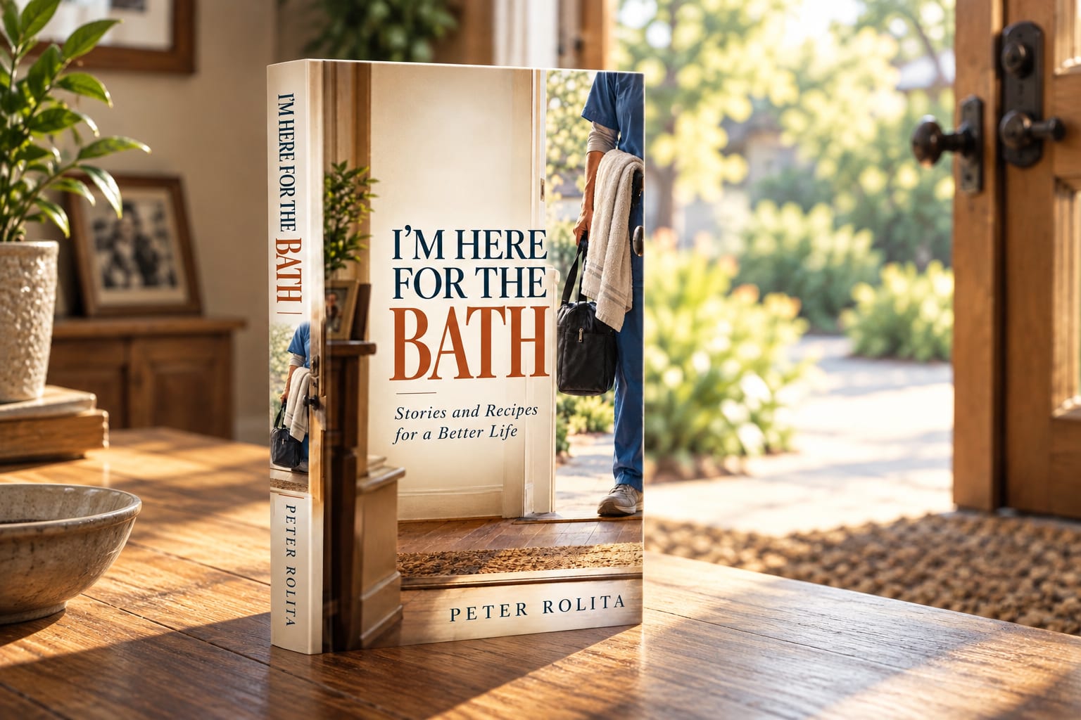 I'm Here for the Bath standing on a table inside an open front door, a garden path in the sun beyond