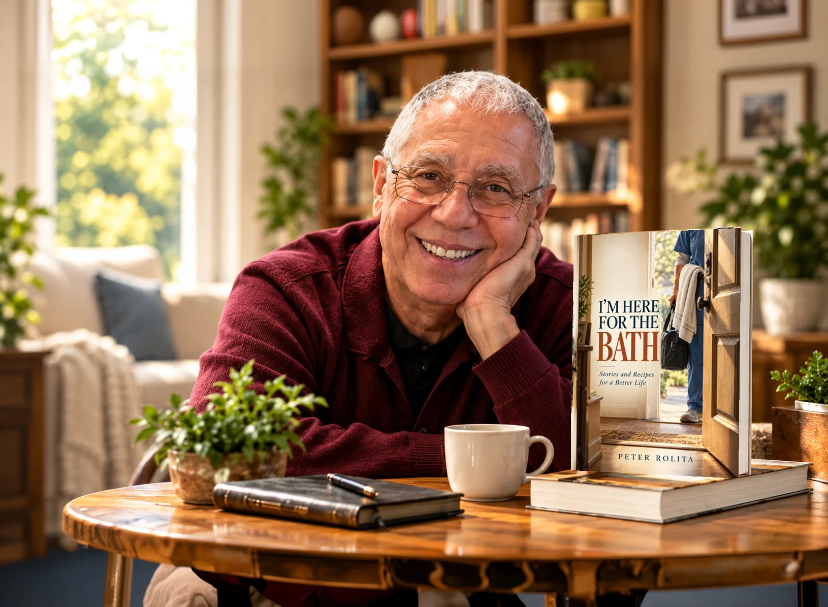 Smiling older man leaning on a wooden table beside a book, a mug of tea and a small plant