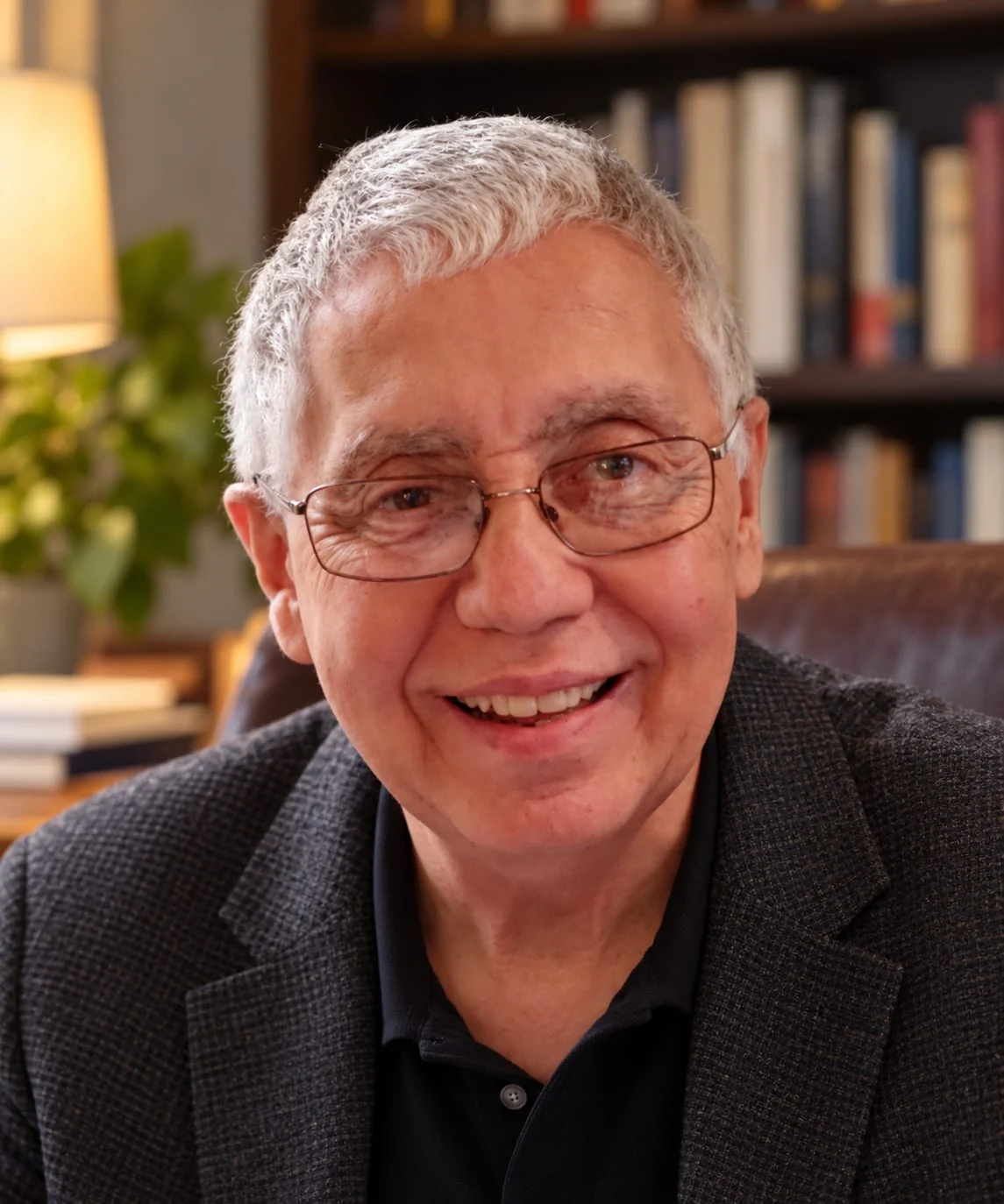 Peter Rolita smiling in glasses and a dark jacket, bookshelves behind him